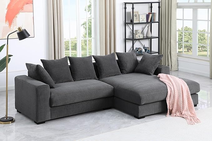 L-Shaped Corner Corduroy Sectional Sofa 4 Seat Modular Boneless Sofa Foam Cloud Couch with Movable Ottoman and Toss PillowsModern Deep Seat Convertible Chaise Sofa