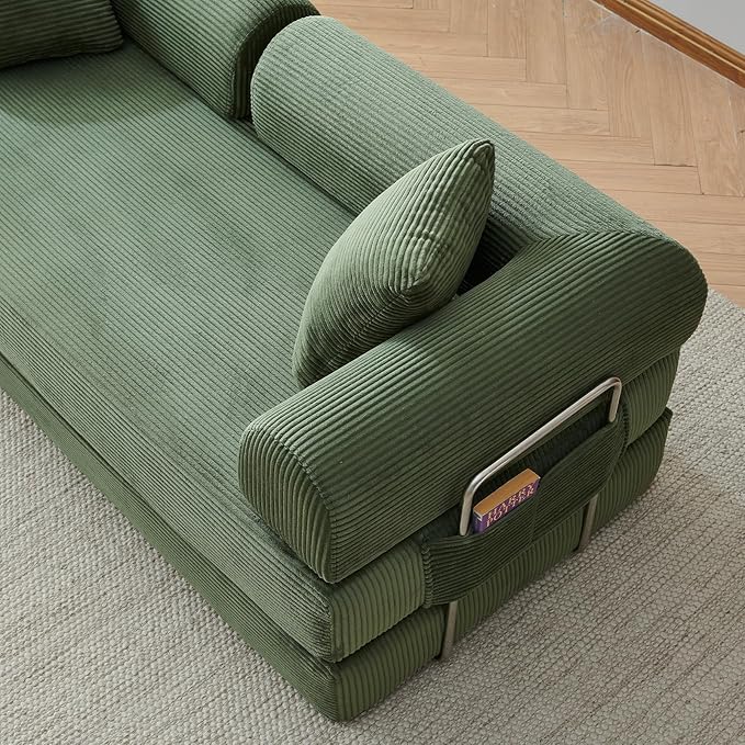 Antetek Modular Couch Bed Convertible Folding Plush Corduroy Comfy Floor Compression Loveseat Sleeper Sofa Couch King Size Bed for Guest Room Living Room Bedroom No Assembly Required Leaf Green