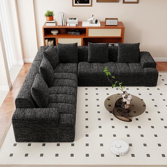 Cloud Modular Sectional Sofa Couch 108 V Shaped Chenille Fabric Memory Foam Sofa 5 Seater with 6 Pillows Firm Cushions for Living Room ApartmentBlack