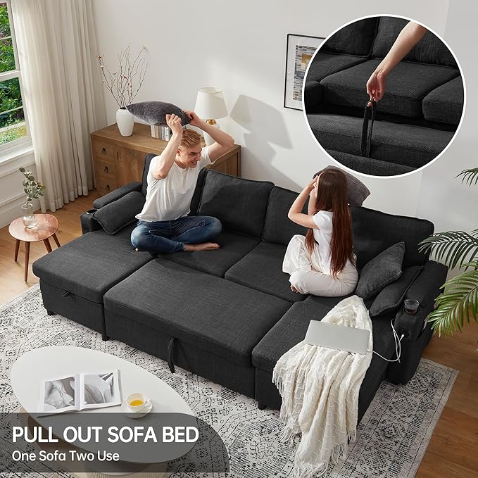 DURASPACE Sofa Bed Pull Out Couch Sleeper with Double Storage Chaise U Shaped Convertible Sectional Sleeper Sofa for Living Room with USB Charging Ports Cup Holder (Dark Gray)