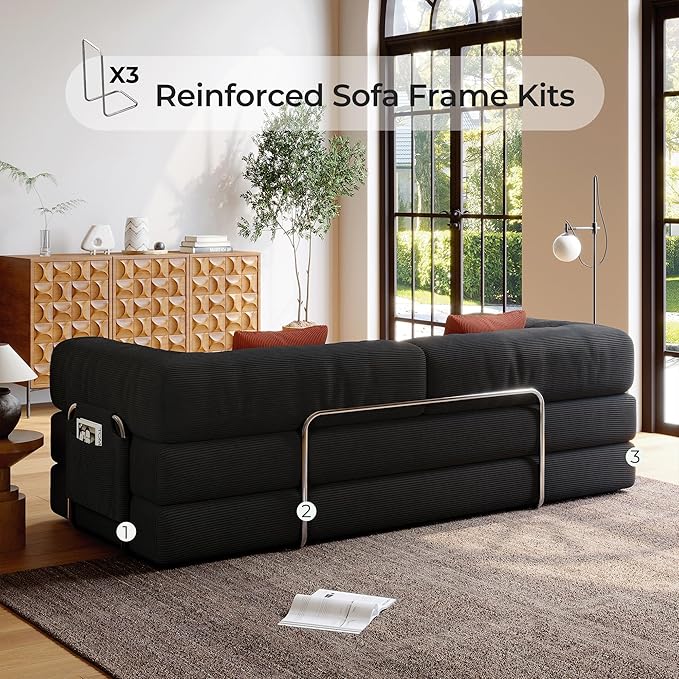 5-in-1 Folding Convertible Sofa Bed Loveseat Sleeper with Pull-Out Bed Floor Sofa Modular Futon Couch 79 Oversized Corduroy Upholstered Boneless Couch for Living Room Bedroom Lounge Grey-A