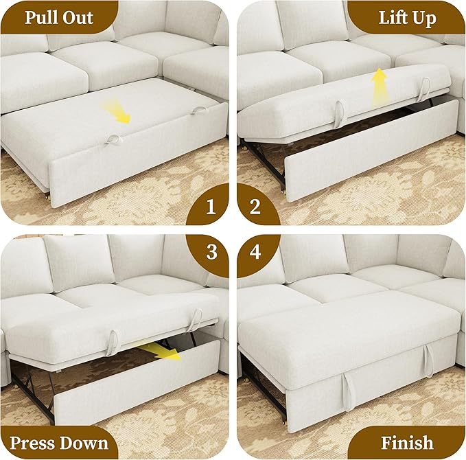106.7 Sectional Sleeper Sofa with Pull Out Couch Modern 7 Seat U Shaped Modular Couch Sectionals Modular Sofa with Storage Comfy Sectional Couches for Living Room &amp Apartment Light Beige
