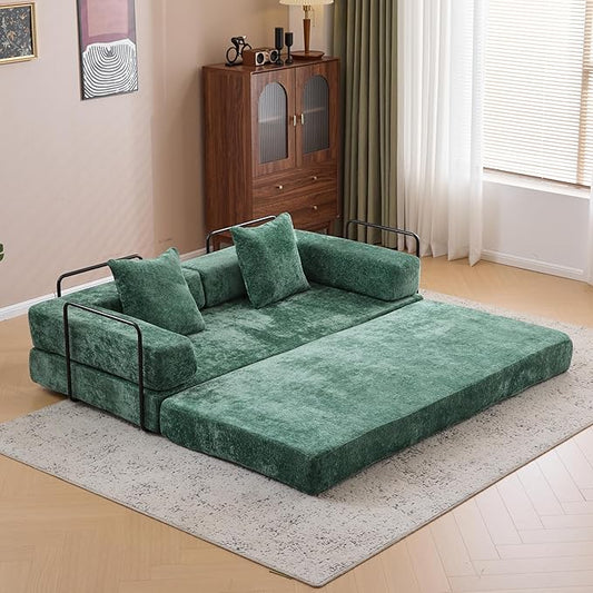 Convertible Sleeper Sofa Bed with Fixed-Shape Frame Floor Sofa Lounge Couch with Cylindrical Pillow Chenille Folding Mattress Couch for Living Room Bedroom-Dark Green