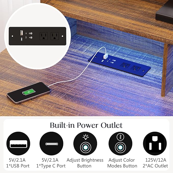 L Shaped Desk with Monitor Stand Farmhouse Computer Desk with LED Lights Executive L Corner Desk with Power Outlets Home Office Desk with Storage File Drawers for Home Working Gaming Walnut