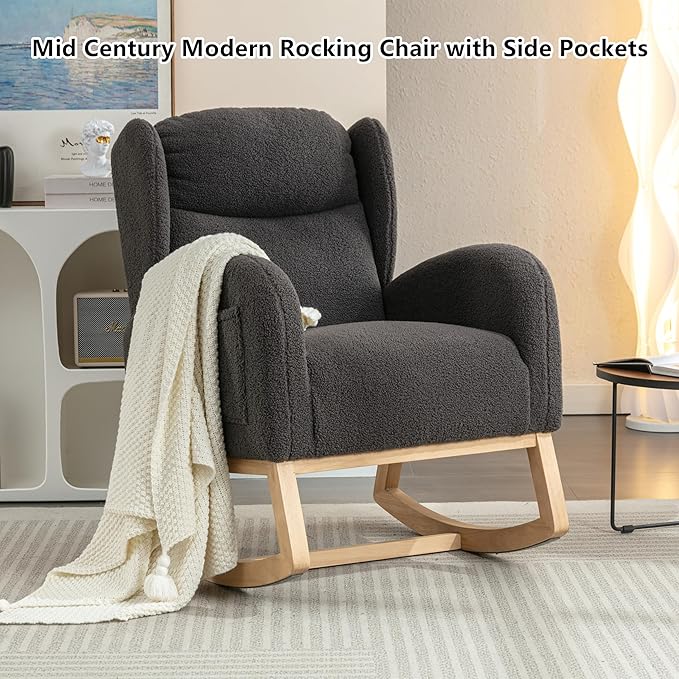 Setawix Teddy Rocking Glider Chair for NurseryUpholstered Living Room Rocker Arm ChairLeisure Sherpa Wingback ArmchairMid Century Modern Rocking Accent Chair with Side Pockets (Wingback Dark Grey)