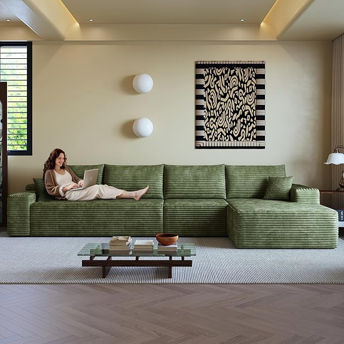 135.4 Boneless Couches for Living Room Modular Sectional Sofa with Oversized Chaise L-Shape Cloud Couch with Deep Seat High-Density Memory Foam No Assembly Required (Green Right Facing Chaise)