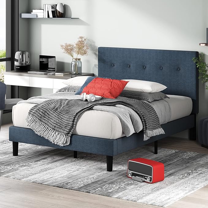 Zinus Omkaram Upholstered Platform Bed Frame Mattress Foundation Wood Slat Support No Box Spring Needed Easy Assembly Full Navy