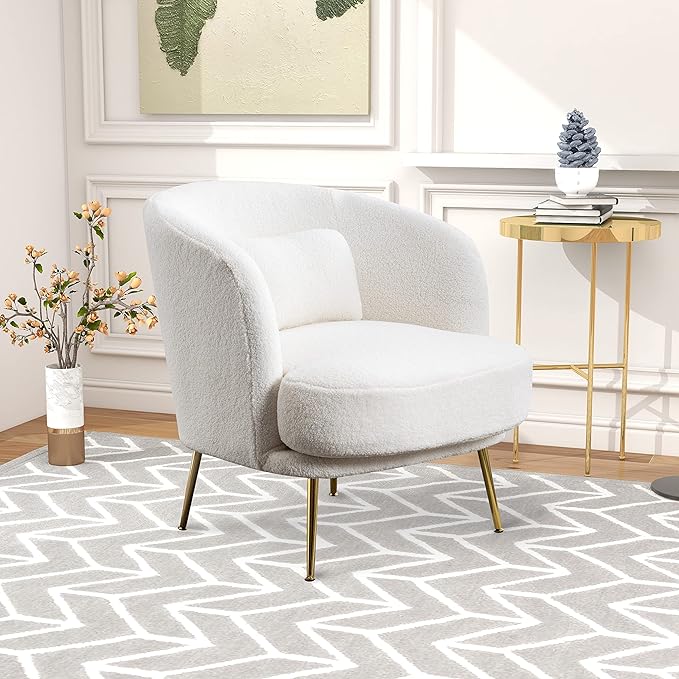 30.32 W Accent Chair Upholstered Curved Backrest Reading Chair Single Sofa Leisure Club Chair with Golden Adjustable Legs for Living Room Bedroom Dorm RoomIvory Boucle