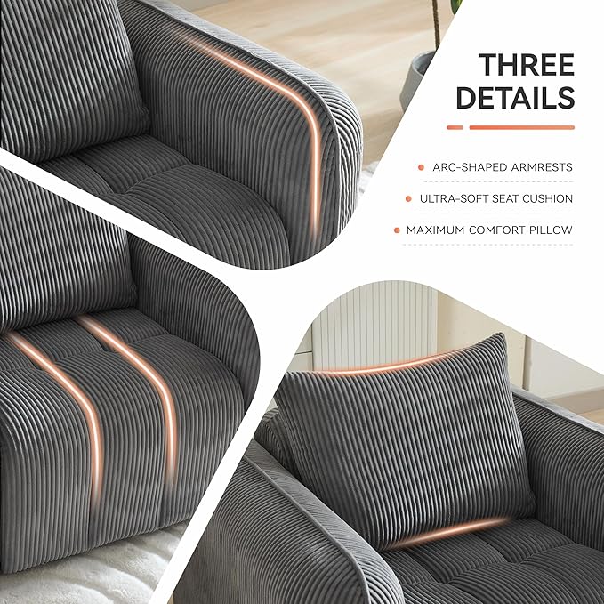 Corduroy Boneless Living Room Sets Modern Upholstered Loveseat with 2 Signle Sofa Chairs Comfy Deep Seat Cloud Sofa Couch Sets for Living Room Grey