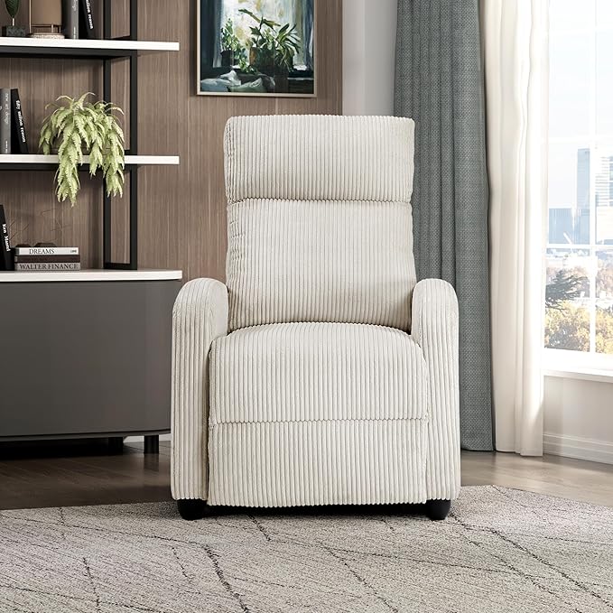 Lexicon Corduroy Pushback Recliner Chair Armchair Push Back Recliner Solid Wood Frame and Metal Base Easy Assembly Small Soft Single Sofa Accent Chair for Living Room/Office/Apartment Beige