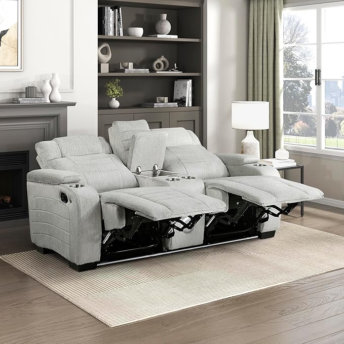 Lexicon Wall Hugger Manual Double Reclining Loveseat with Console Microfiber Home Theater Seating with Cup Holders/Hidden Arm Storage/Wireless Speakers/LED Base Lighting for Living Room Light Gray