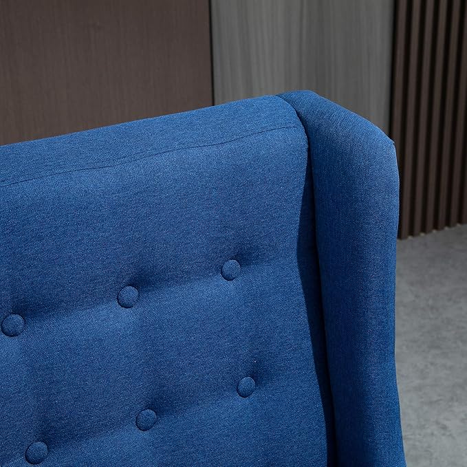HOMCOM Wingback Double Sofa Linen Fabric Upholstery Button Tufted Loveseat Armless Couch Modern Contemporary Living Room Settee with Wood Legs Blue