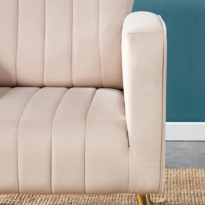 (Velvet+Grey) Velvet Accent Chair with Arms Wingback Reading Chair with Gold Metal Legs Comfy Upholstered Single Leisure Sofa for Living Room Bedroom Club
