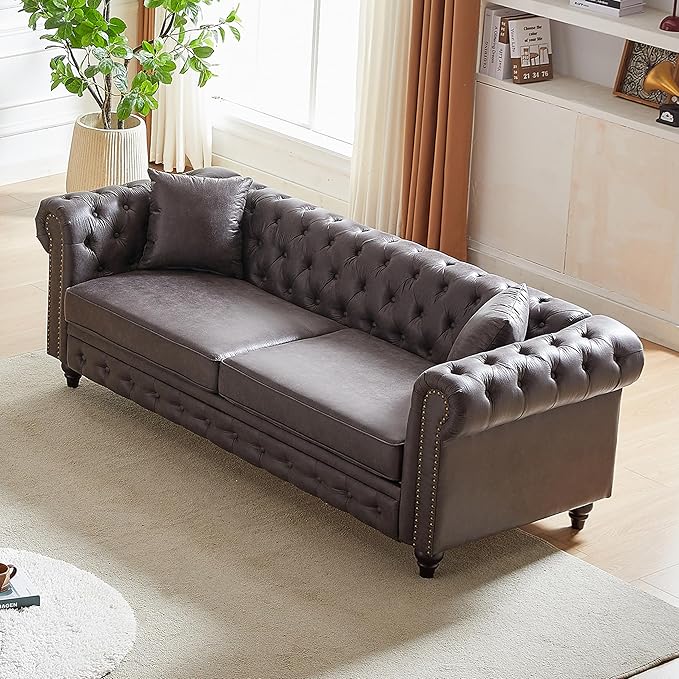 2 Piece Mid Century Modern Couch Set Retro Button Tufted Chesterfield Sofa muebles para la sala Comfy Deep Seat Upholstered Office Furniture Living Room Sofas Set (Leather Gray Couch and Loveseat)
