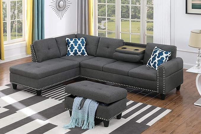 Favfurish L Shape Modular Sectional Sofa with Cup Holders and Storage Ottoman5-Seater Tufting Upholstered Corner Couch for Living RoomApartmentHome Furniture SetsDark Gray Left Chaise98 Inch