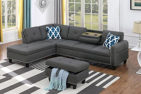98 L Shaped Sectional Sofa with Left Facing ChaiseLinen Upholstered Corner Couch with Removable Storage Ottoman and Hidden Cup Holders for Living RoomDark Grey