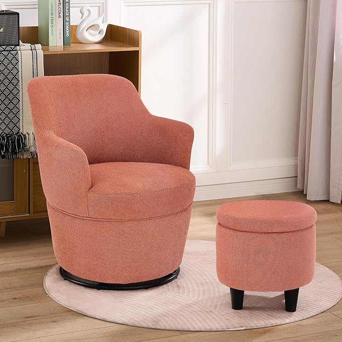 Swivel Accent Chair with Ottoman Fabric Small Barrel Chair with Footstool Modern Round Bedroom Chair for Living Room Orange