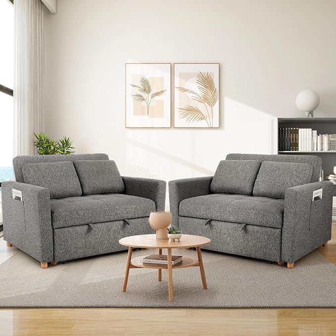 SEJOV Sleeper Sofa Bed 3-in-1 Convertible Sofa Chair Linen Fabric Pull Out Couch Bed Loveseat Sleeper with Spring Support Adjustable Backrest 2 Seater Recliner Chair for Small Space Dark Grey