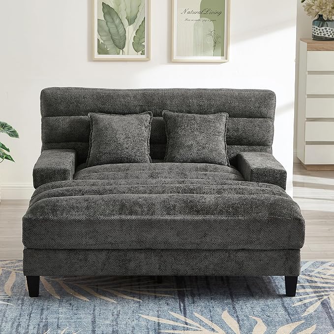 Modern Oversized Chenille Chaise Lounge Chair 57.1 Sofa Bed with Adjustable Backrest and LED Light Strip for Living Room Office (Grey/57.1)