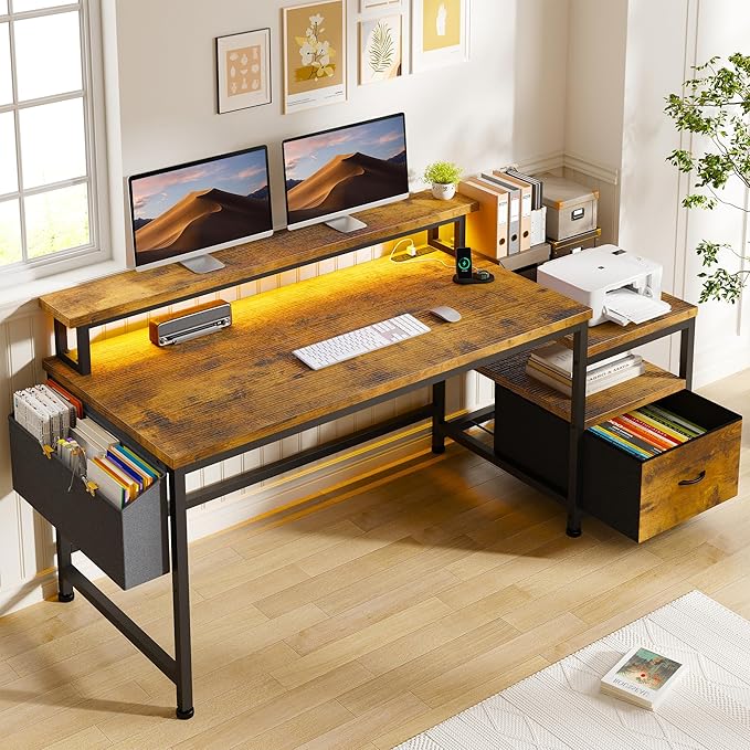 EnHomee 57 Office Desk with Drawers and Printer SpaceComputer Desk with Power OutletsHome Office Desks with File Drawers CabinetStudy and Gaming Desk with Shelves Monitor StandRustic Brown