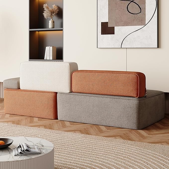 79.9 Modular Sofa Couch Modern 3-Seater Sectional with Detachable Backrest Deep Seating Comfortable Sofa for Living Room Apartment or Office Multi-Tone Beige/Brown/Orange