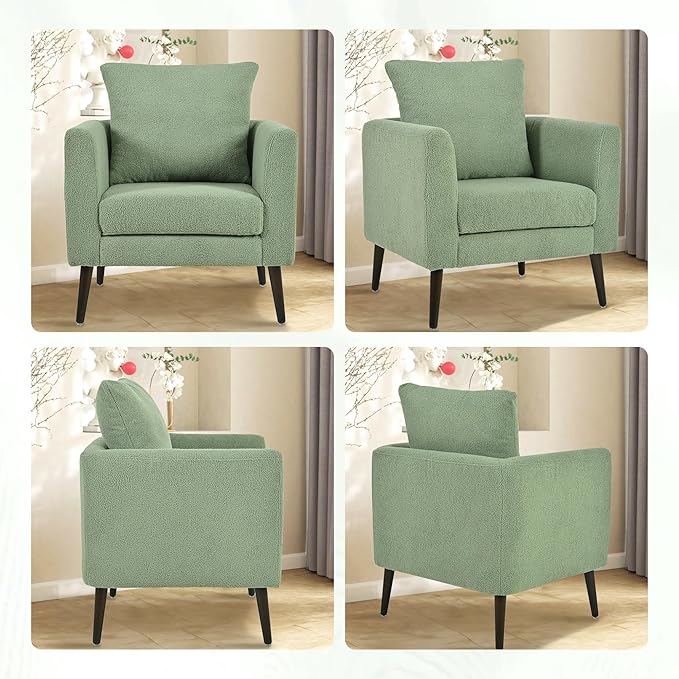 cinkehome Accent Chair for Living Room Modern Upholstered Teddy Barrel Arm Chair Large Pillow Solid Wood Legs