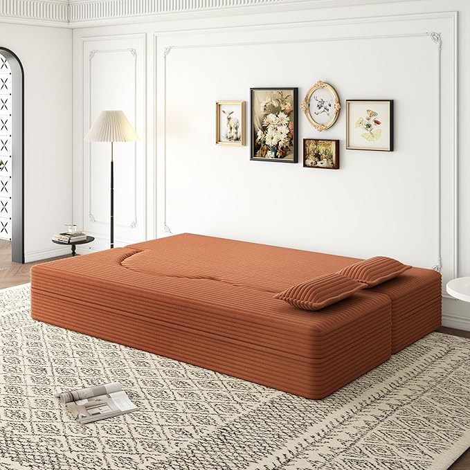 78 Folding Floor Sofa Bed Queen Full Size Folding Mattress Boneless Couch for Living Room 15 Seat Height Convertible Teddy Fabric Foam-Filled Loveseat Sleeper Sofa Bed
