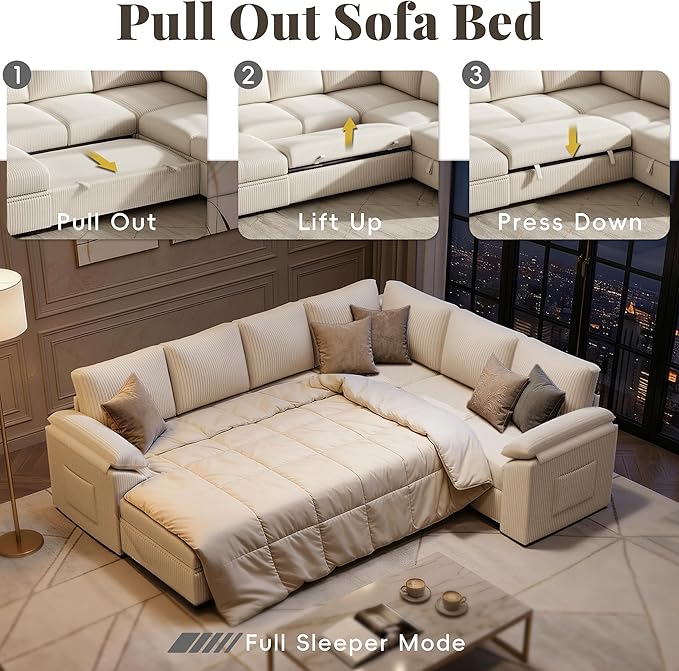 108 Inch Sectional Sleeper Sofa Bed with Pull Out Couch U Shaped 7 Seat Cloud Modular Sectional Sofa with Storage Corduroy Sectional Couches for Living Room Removable Sofa Cover Beige