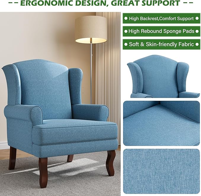 UIXE High Back Accent Chair for Living Room Comfy Upholstered Armchair in Fabric with Retro Solid Wooden Legs Traditional Arm Chair Single Sofa Reading Seat - Sky Blue