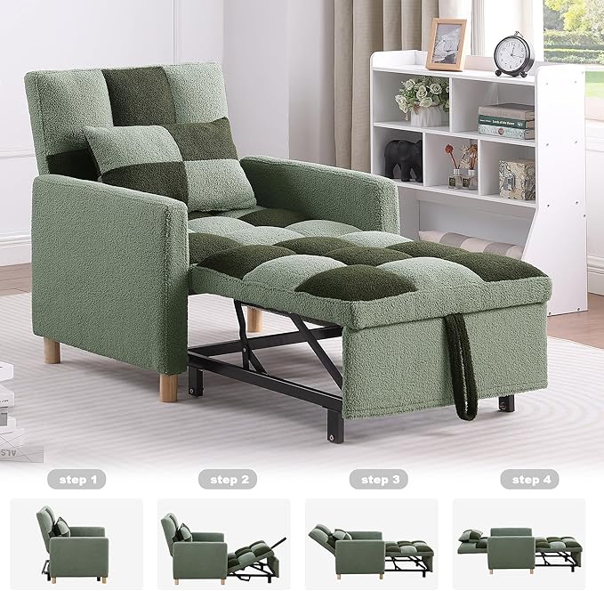 Sleeper Chair Bed Multi-Functional Convertible Chair Sleeper Teddy Fabric Adjustable Single Pull Out Sofa Bed with Lumbar for StudioApartment BedroomLiving Room (Green)
