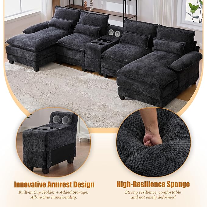 126 Modular Sectional Sofa with Storage Console Cloud Couch Chenille U-Shaped Sofa Cup Holders &amp Wireless Charger Memory Foam Double Chaise for Living Room Office Black