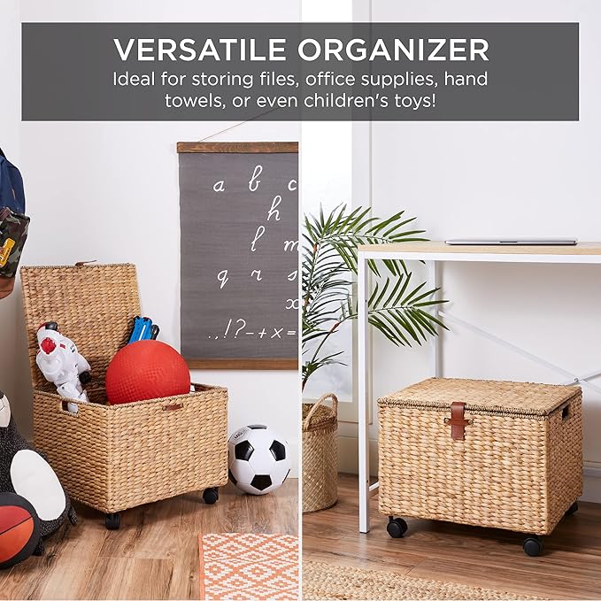 Best Choice Products Handwoven Water Hyacinth Rolling Filing Cabinet Mobile File Organizer for Hanging Folders W/Lid and Locking Wheels For Home or Office – Natural