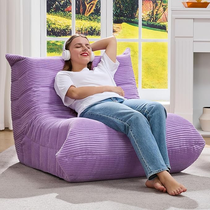 Bean Bag Chairs for Adults Giant Bean Bag Chair Memory Foam BeanBag Chair Bean Bag Sofa with Filler Faux Fur Fireside Beanbags Lazy Sofa for Living Room Bedroom Office (Purple Corduroy Single)