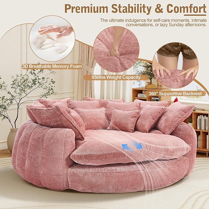 81 Oversized Bean Bag Chair Boneless Round Chaise Lounge Comfy Chenille Reading Chair Fluffy Plush Sofa Bed Large Deep Seat Circle Cloud Couch for Living Room/Apartment/Bedroom Pink