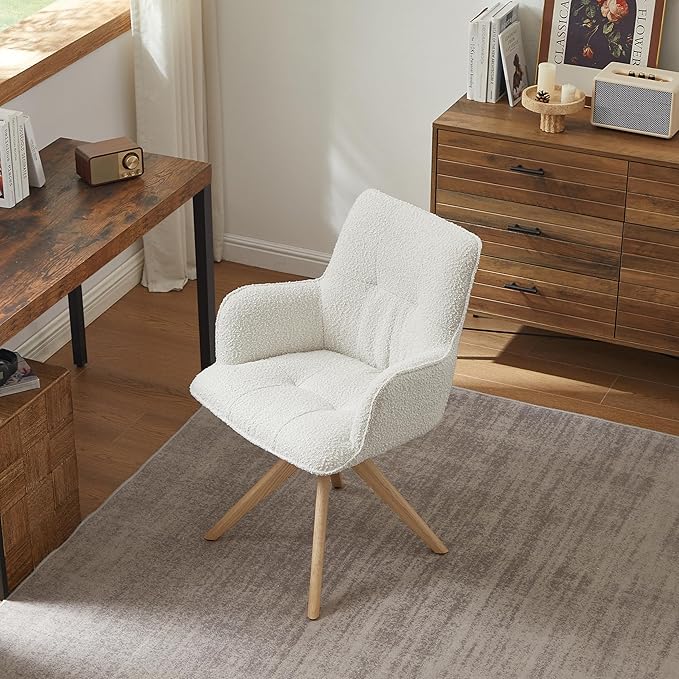 Art Leon Desk Chair No Wheels - Mid Century Modern Swivel Accent Chair Boucle Fabric Upholstered Office Chair with Oak Wood Legs for Small Space Living Room Bedroom Off White