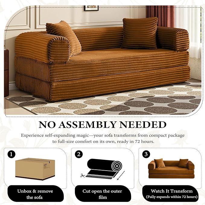 Boneless Couch Versatile Couches for Living Room No-Install Sofa Bed Corduroy Futon Soft Cloud Couch with Pillows for Bedroom Game Movie (Orange)