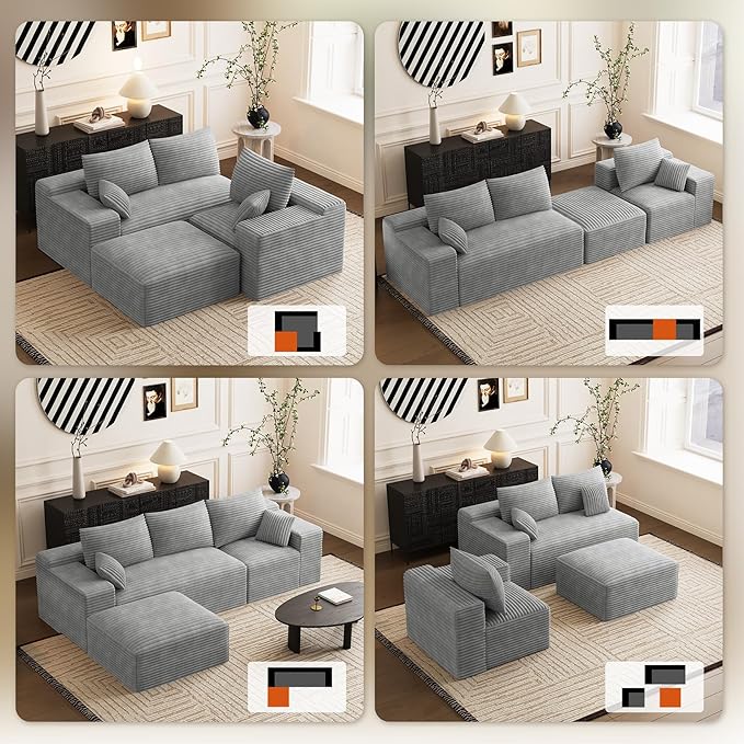 Modular Sectional Sofa Cloud Couch 108'' Comfy U Shaped Sectional Couches for Living Room Deep Seat Cozy Fluffy Corduroy Boneless Couch Sectionals Sofa with Movable Ottomanm Light Grey