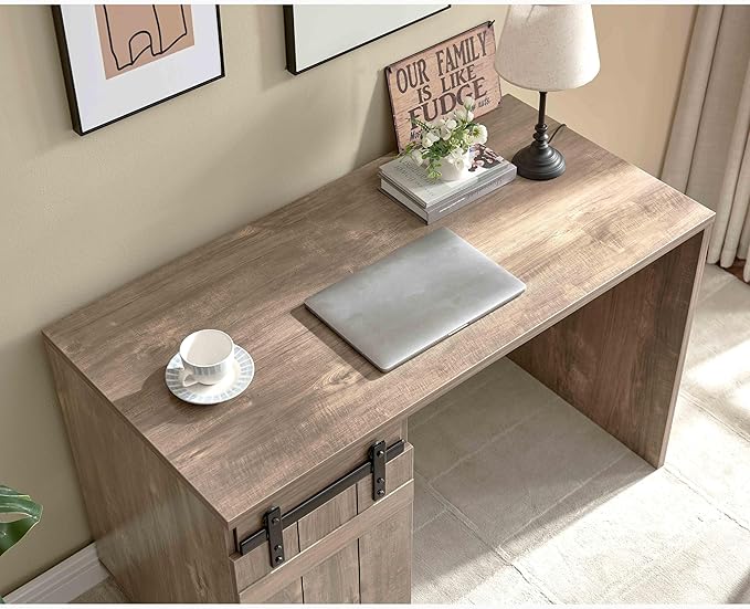 Home Office Desk Hazelnut One Cabinet Three Shelves Faux Barn Door on Metal Euro Hinges Modesty Panel