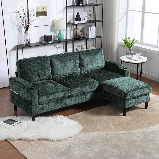 3 Seater Sectional Couch L Shaped Modular Couch with Solid Wood Frame Small Sofa with Storage Ottoman &amp Cup Holder &amp Side Pocket for Apartment Game Room Dormitory Room (Emerald)