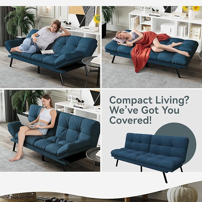 Futon Sofa Bed Convertible Couch Blue Linen Sofa Bed with Memory Foam Adjustable Backrest &amp Armrests Multifunctional Small Loveseat Sleeper Sofa for Living Room Apartment Office