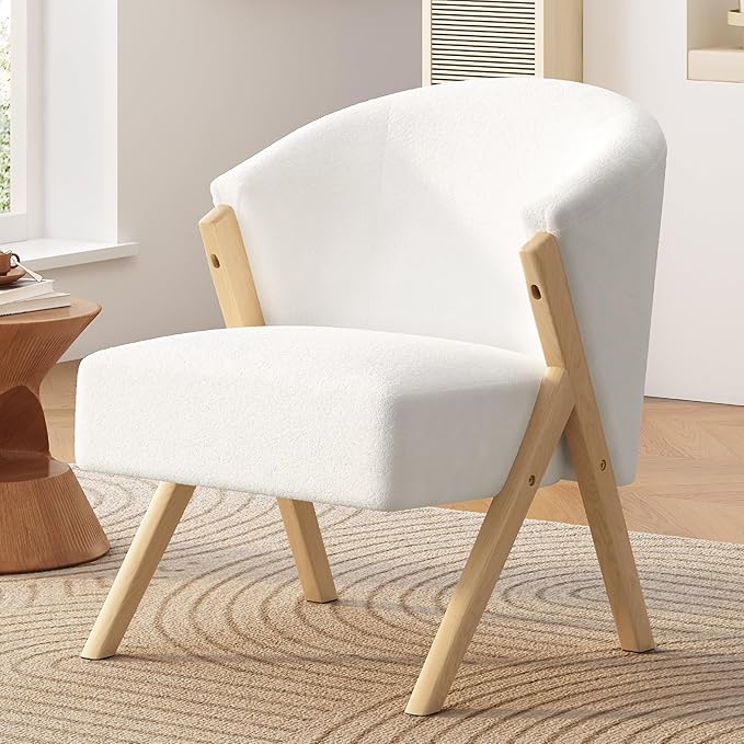 Merax Cozy Accent Barrel Chair Modern Comfy Beige Club Lounge Chairs Soft Upholstered Reading Armchair with Wood Frame &amp Curved Backrest for Living Room Bedroom Balcony White