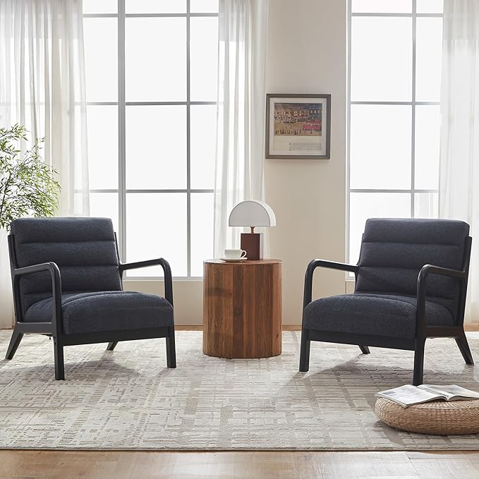 VKNOW Accent Chairs with Rubberwood Frame Accent Chairs Set of 2 Mid-Century Modern Upholstered Reading Armchair High Back Lounge Armchair Living Room Chair for Bedroom Reading Room Dark Blue