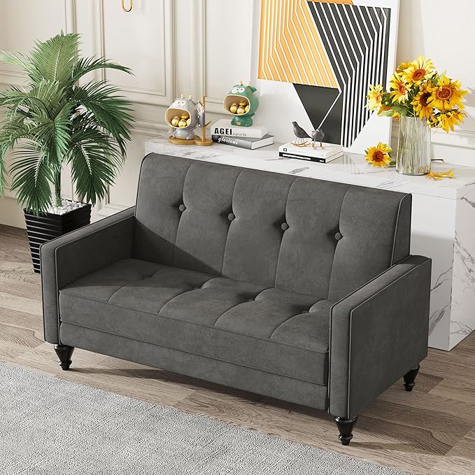 Velvet Love Seat Mini Couch Settee Loveseat Bench for Living Room Upholstered Small Loveseat Sofa with Tufted Padded Cushion Mid Century Modern Grey Love Seat