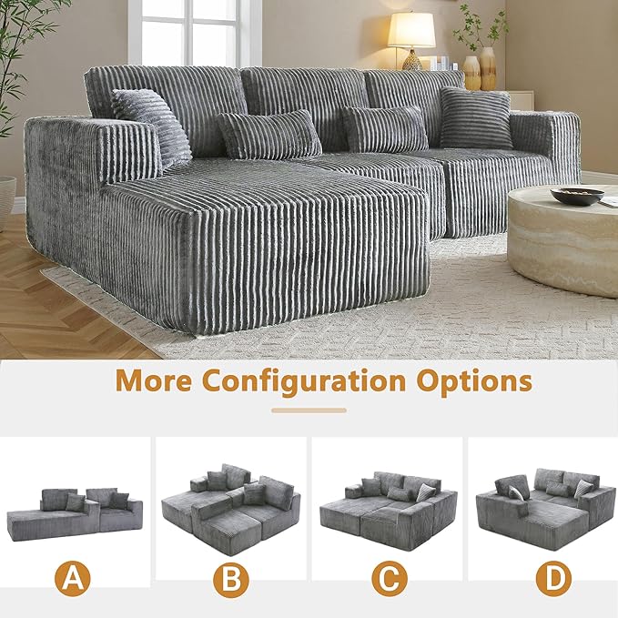 110 Cloud Sectional Couch Modular Sectional Sofa with Deep Seat Corduroy Upholstered Boneless Couch for Living Room Bedroom Left Facing Chaise (Grey 110 Right Facing Chaise)
