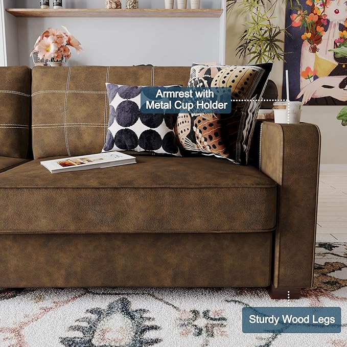 80 Inch Brown Faux Leather Sofa Couch - Wide Armrests with 2 Built-in Cup Holders Contrast Stitching Oversized Leather Love Seat Couches for Living Room Bedroom Apartment