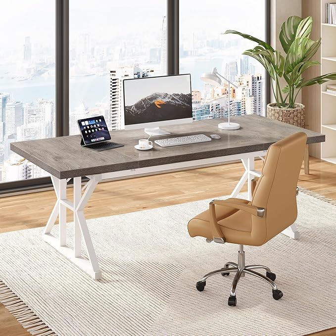 LITTLE TREE 70.8-Inch Large Executive Desk Modern Computer Office Desk Wooden Writing Desk Study Table for Home Office Grey-White