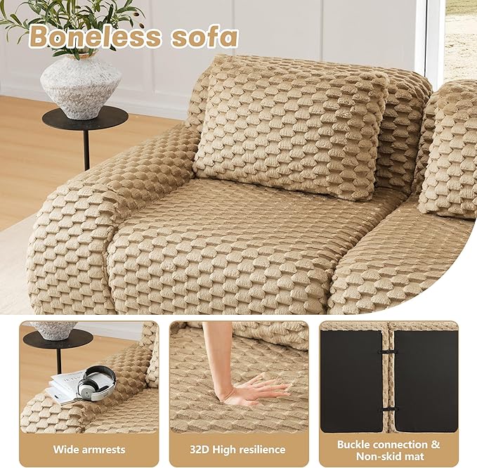 146 Boneless Couches for Living Room Oversized U-Shaped Couch with Buckle Connection Anti-slip Design Flannelette Fabric Modular Sectional Sofa with Deep Seat (Light Camel 4 Seat + 2 Ottoman)