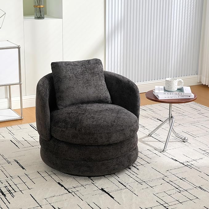 30 W Modern Round Set of 2 Swivel Accent Barrel Chair No Assembly Comfy Chenille Upholstered Cozy Armchair for Bedroom Living Room Hotel Club Reading Room (Dark Gray 2-Pack)
