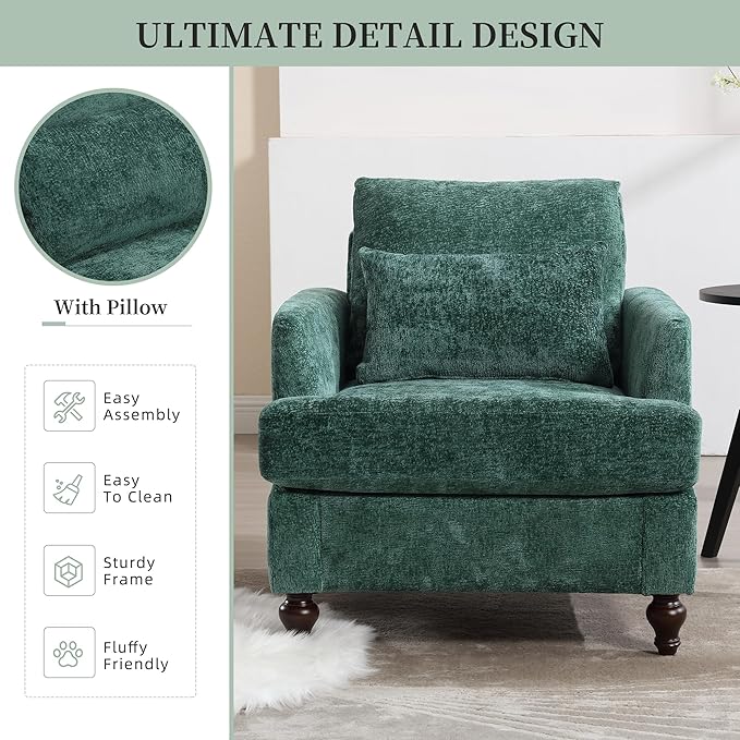 Modern Accent Chair Living Room Upholstered Chenille Armchair with Waist Pillow Single Sofa for Living Room Bedroom Office Emerald