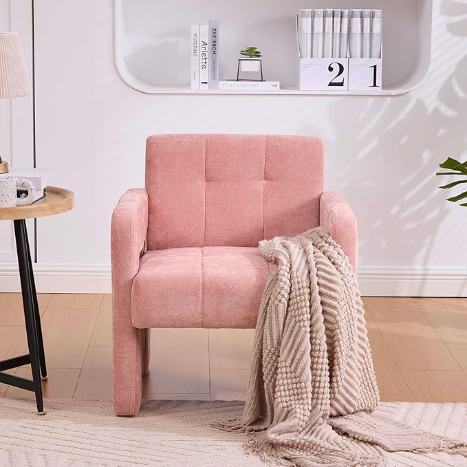 Classic Chenille Conversation ChairModern Minimalist ArmchairElegant Comfortable Accent Chair for Living RoomBedroomStudyOfficePink